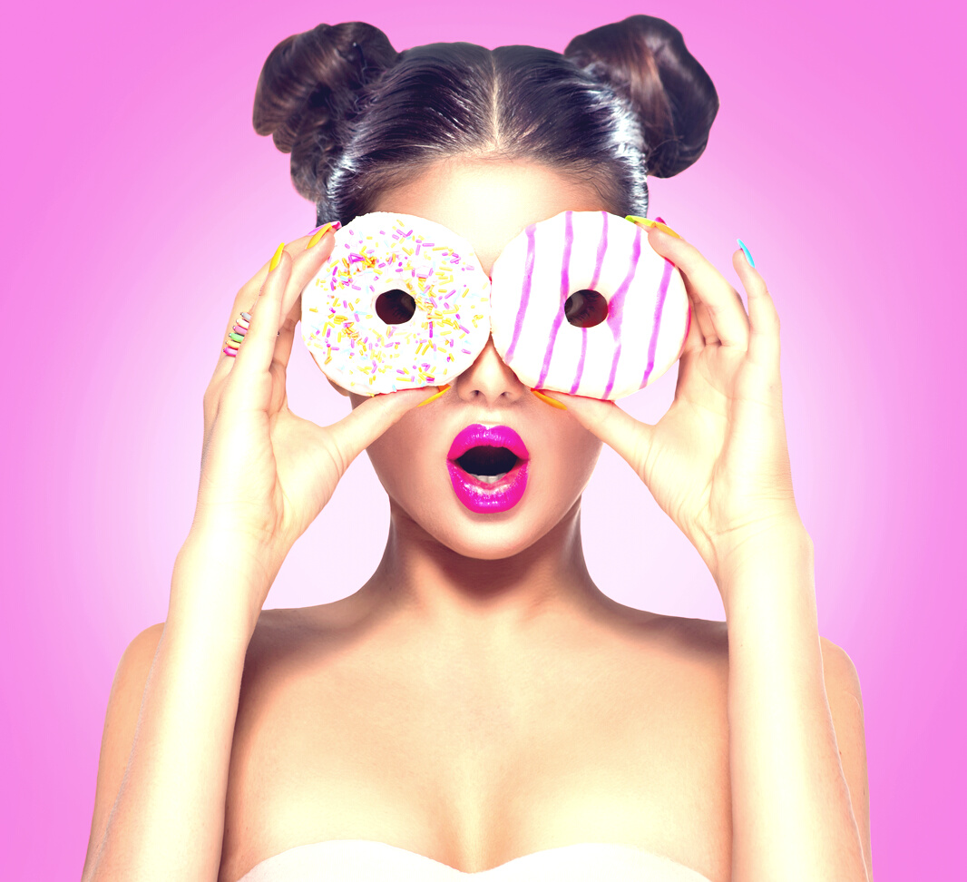 Beauty Model Girl Taking Colorful Donuts