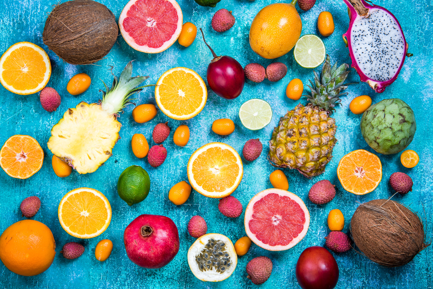 Exotic Fruits on Vibrant Concrete Slate 